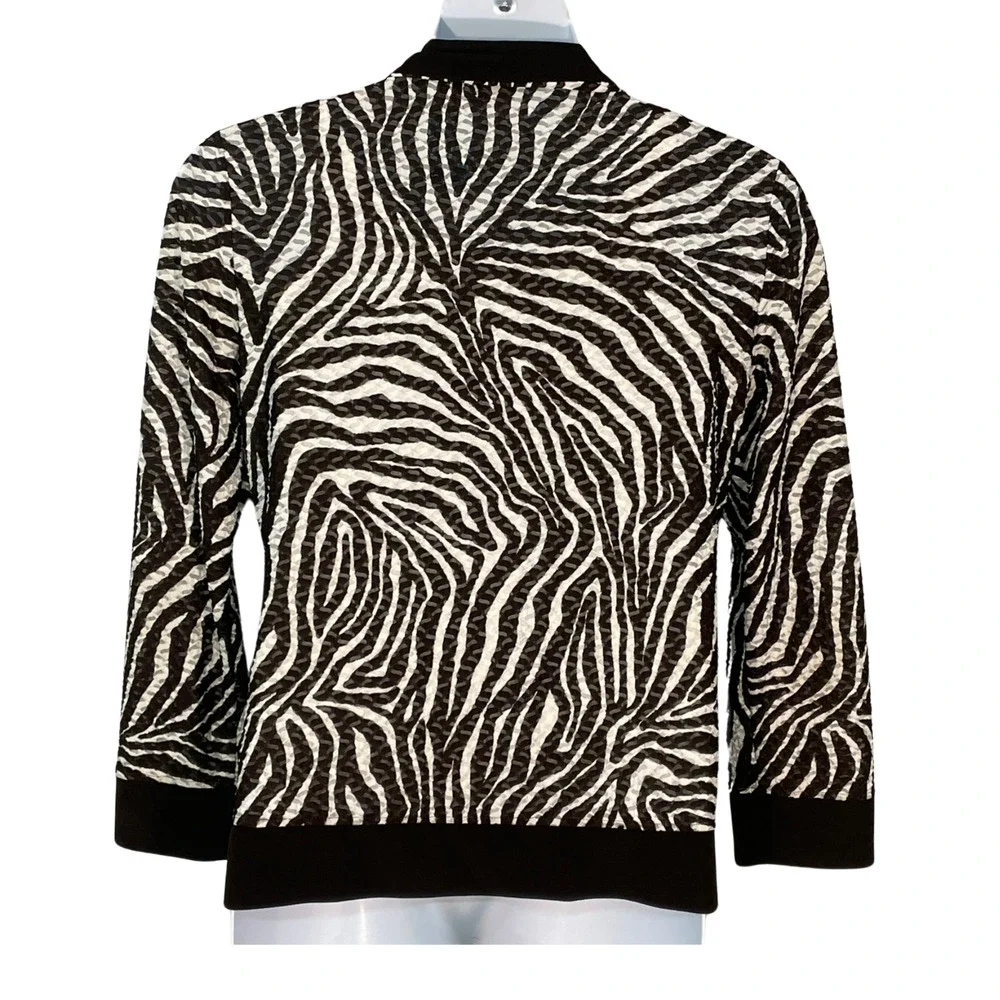 Chico's Sz 2 12-14 L Zip-Up Track Jacket Bomber Style Burnout Zebra Print Brown